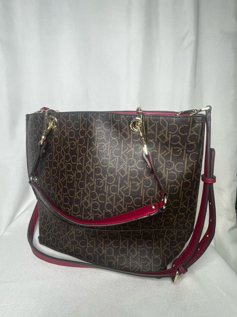 👜 Calvin Klein Tote Bag Brown Monogram | Red Trim | Large Shoulder Bag CK Purse